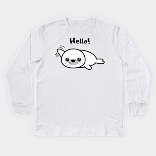 Cute Waving Seal Hello Cartoon Design Kids Long Sleeve T-Shirt